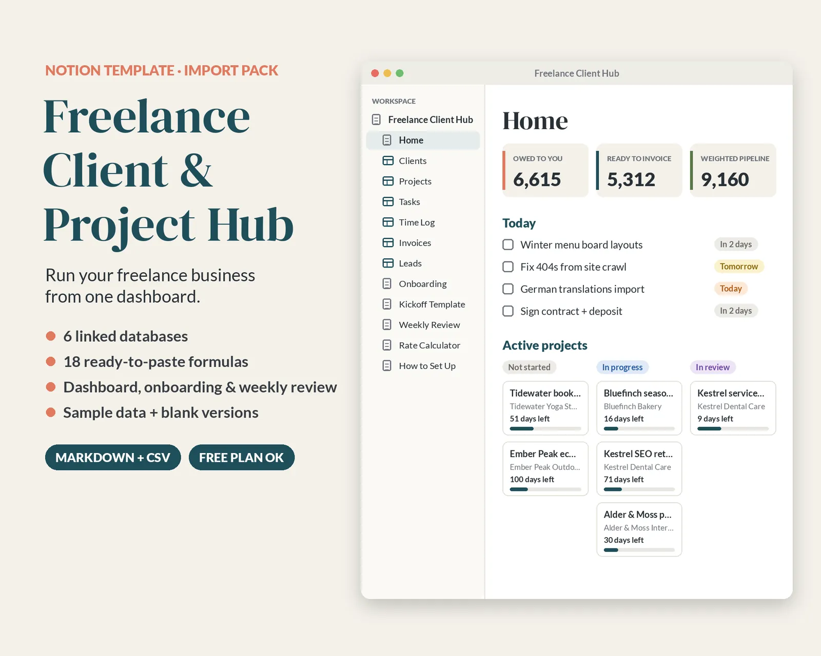 Freelance Client & Project Hub, template for Notion
